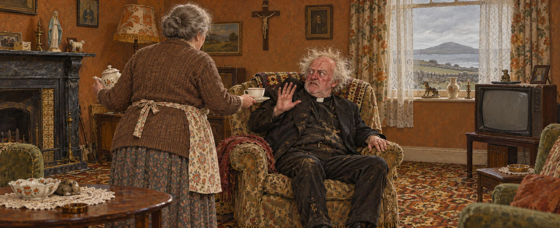 Mrs Doyle, seen from behind in her cardigan and apron, holds out a cup of tea to Father Jack, who recoils in his armchair with one hand raised, in a brown 1970s sitting room.