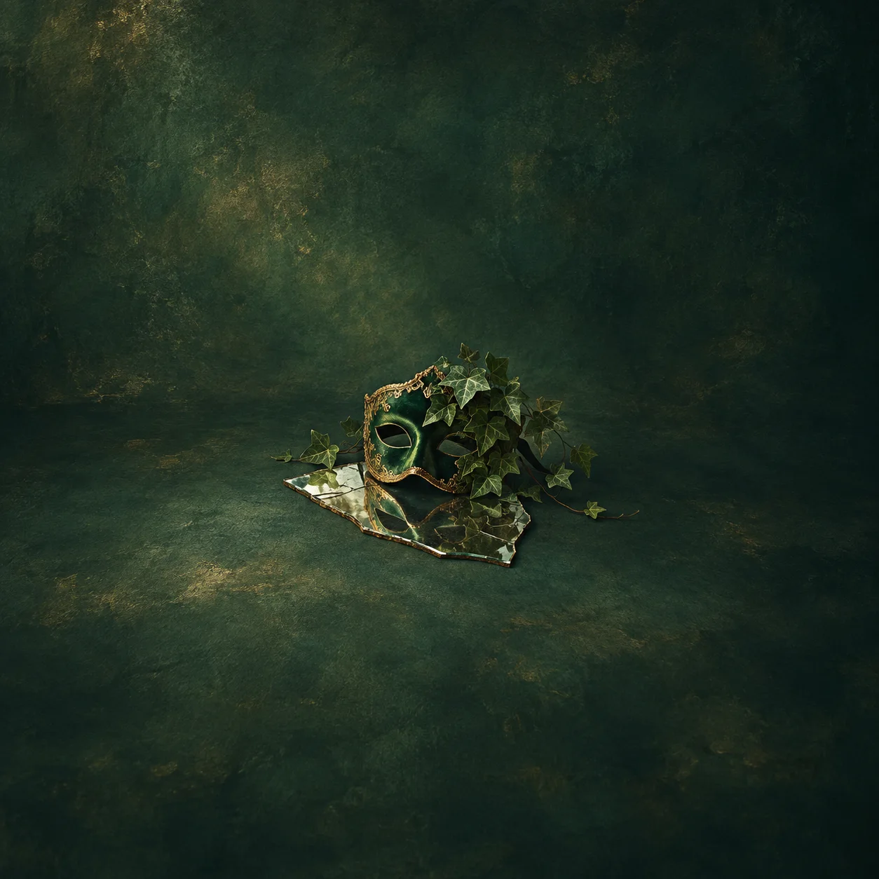 Painterly green theatrical mask covered partly by ivy on a broken mirror shard.