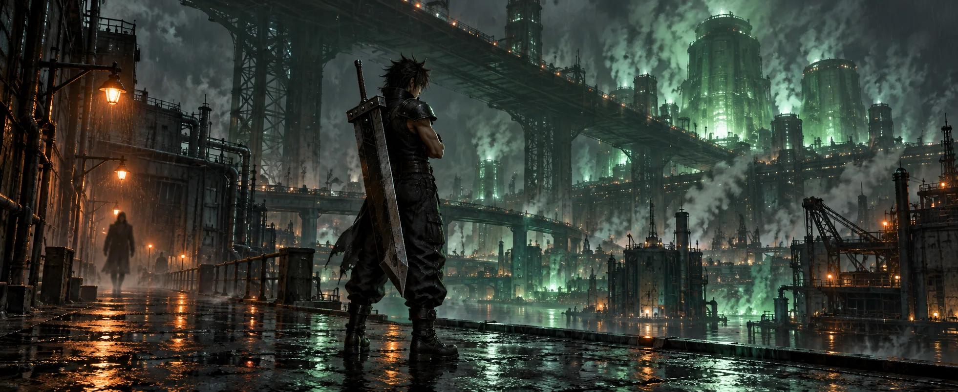 A spiky-haired swordsman with a huge blade stands alone on a rain-soaked street of a smoky industrial city.