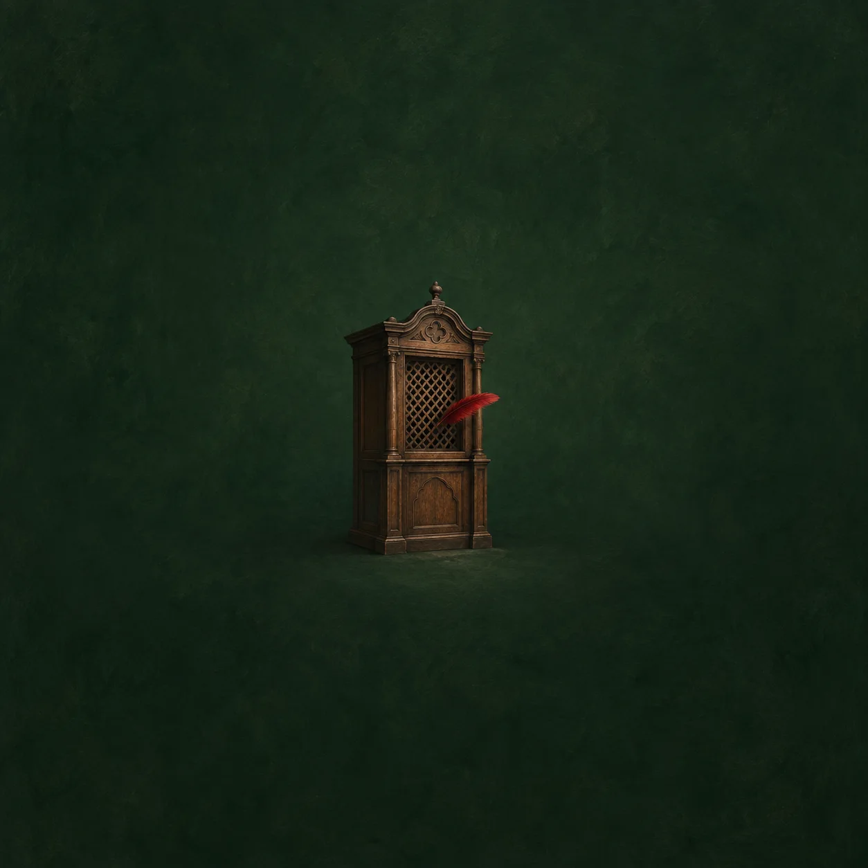 A red feather protrudes from the lattice window of an ornate wooden booth against dark green.