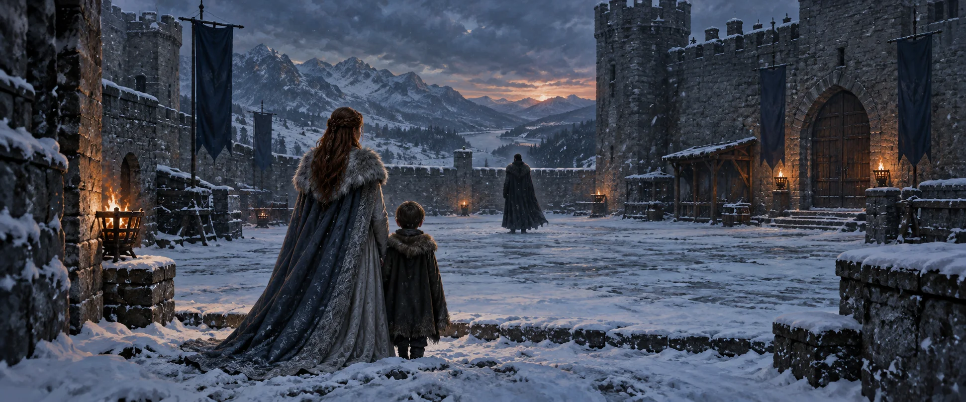 A noblewoman in a fur cloak and a small boy stand in a snowy castle courtyard at dusk as a man in black waits beyond.