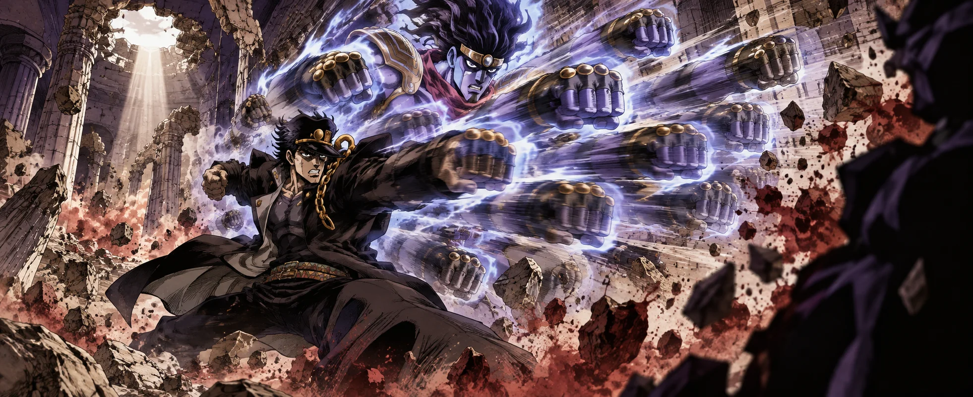 A muscular purple spirit hurls a storm of fists from behind a teenager in a dark coat inside a crumbling stone ruin.