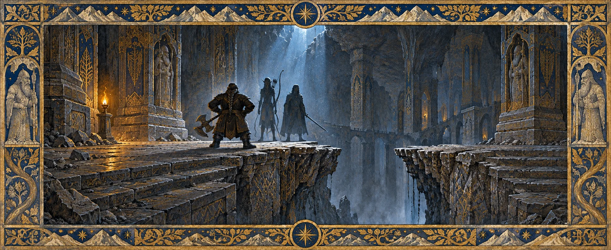 A stocky dwarf with an axe faces a gap in a broken stone stairway over a bottomless chasm in a vast underground hall.