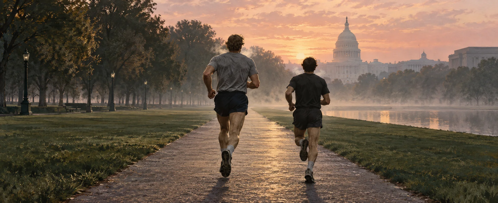 Two men run along a park path at dawn, the Capitol dome rising in the mist behind them.