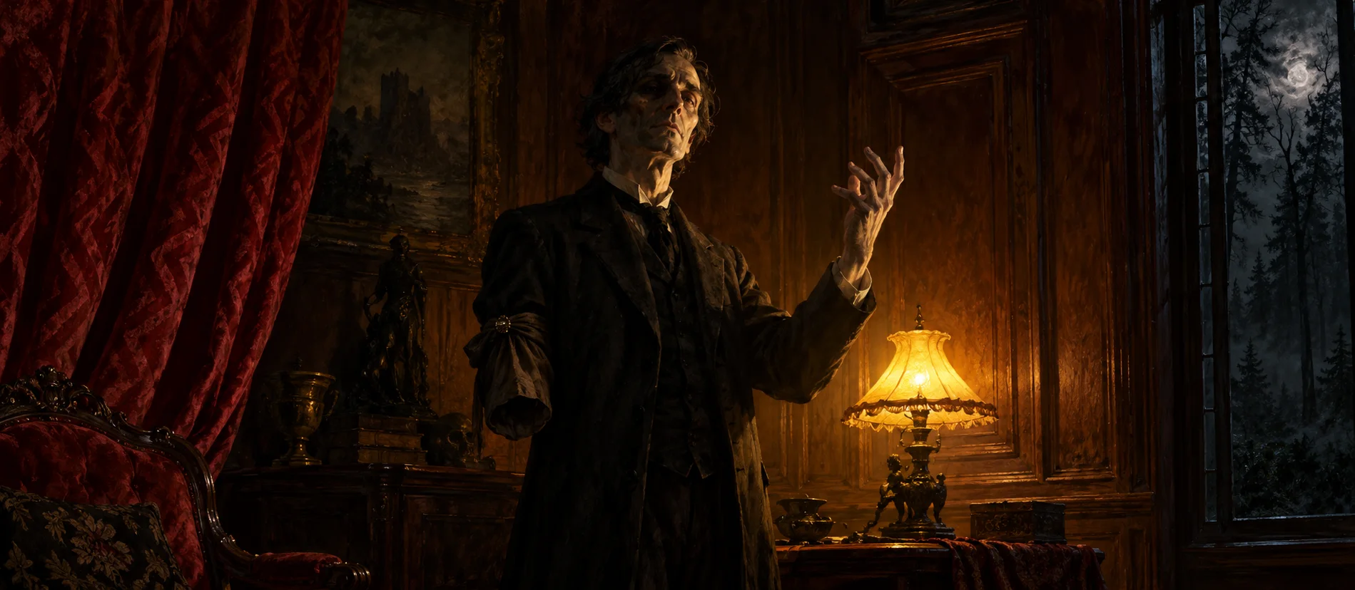 A gaunt one-armed man in a dark suit raises his hand as if reciting in a lamplit, wood-panelled room, a red curtain and a dark forest window behind him.