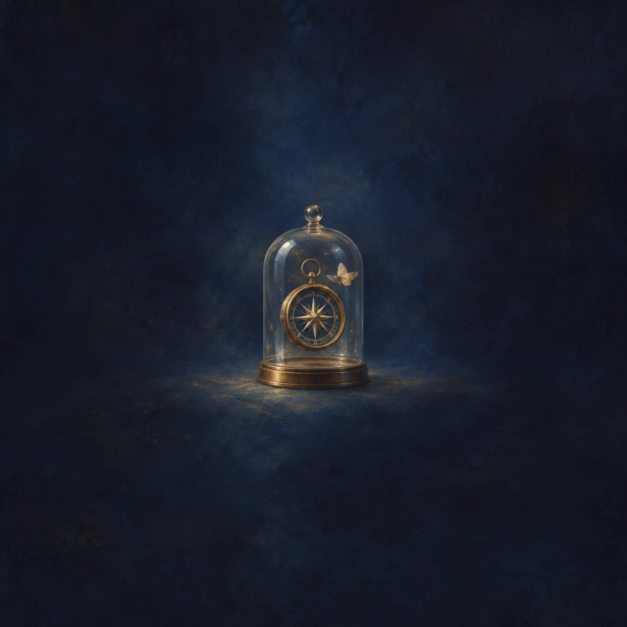 A brass compass and a small pale moth sit beneath a glass bell jar against deep blue.