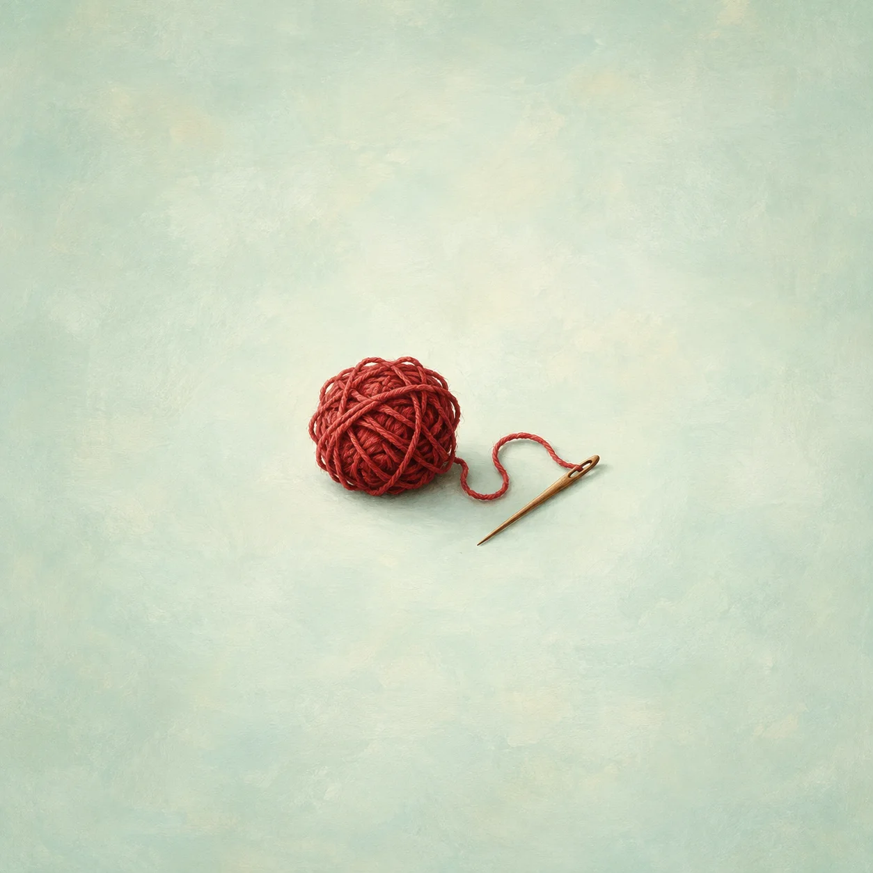 A ball of red yarn trails a loose thread towards a wooden needle against pale green.