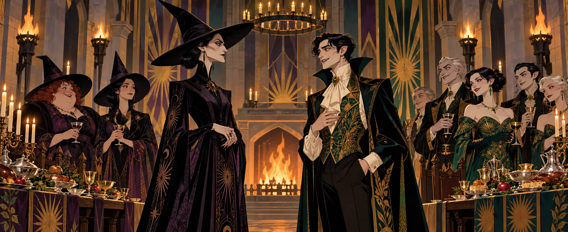 A tall witch in black with a pointed hat faces a smirking young vampire in a silk waistcoat in a torchlit castle hall full of guests.
