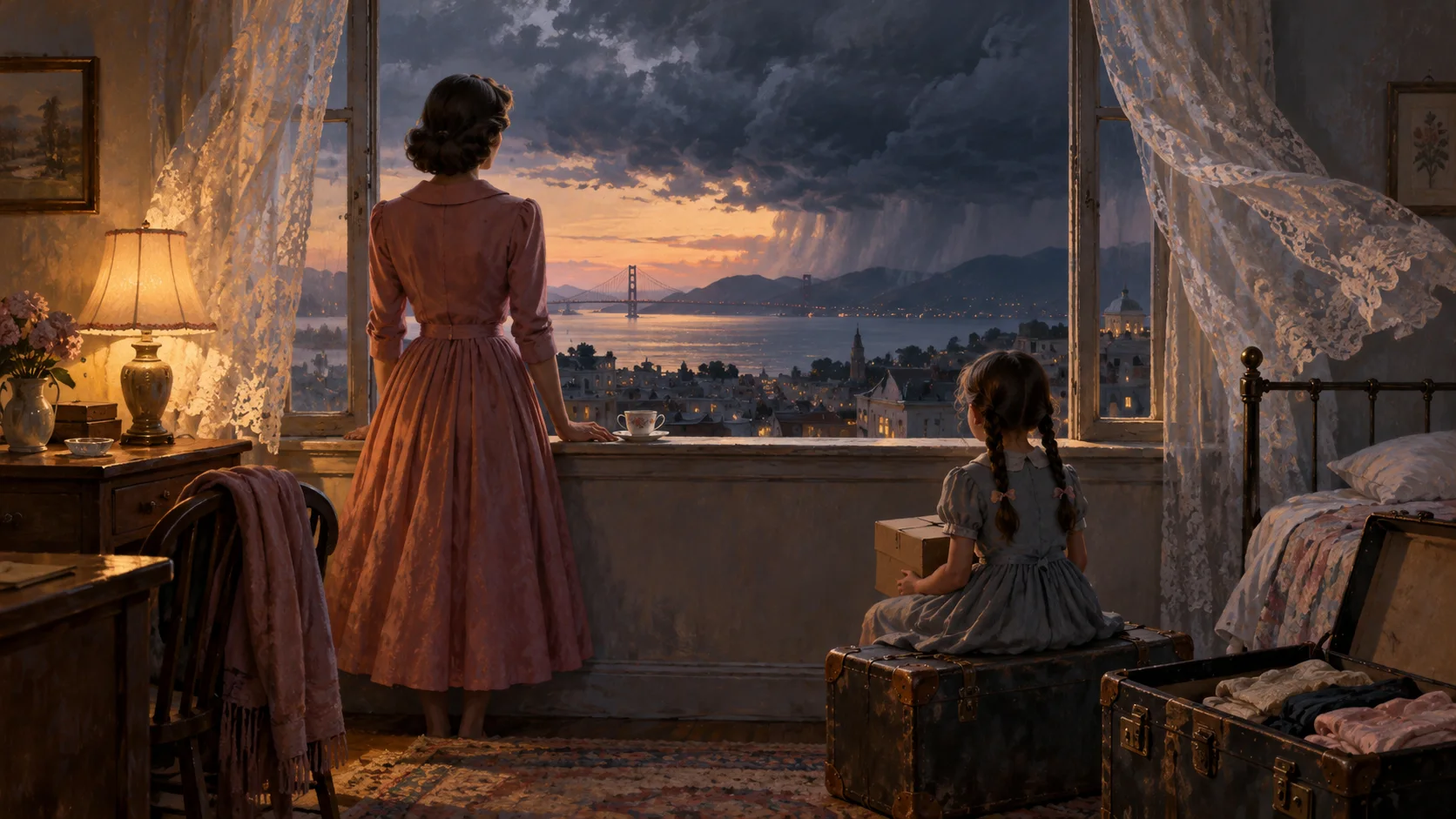 In a mid-century San Francisco apartment at dusk, a tall woman in a belted 1950s dress stands at the open window watching a storm roll over the bay while a small girl sits on a trunk nearby.