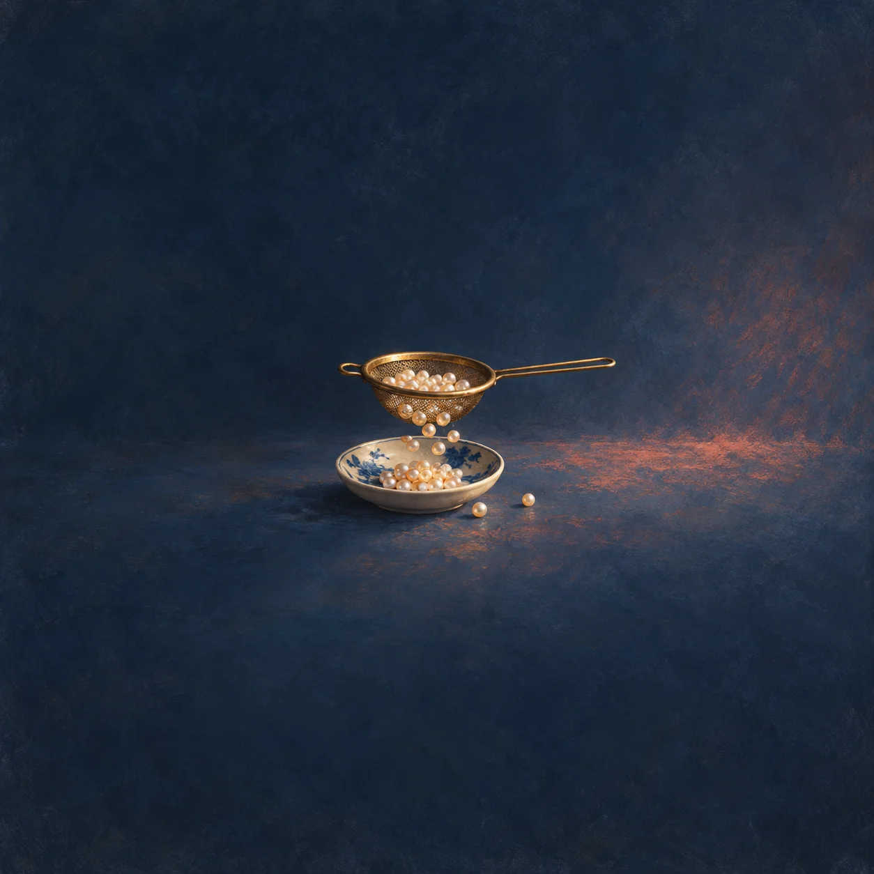 A brass sieve holding pearl-like beads above a blue-and-white porcelain dish, with beads scattered below.