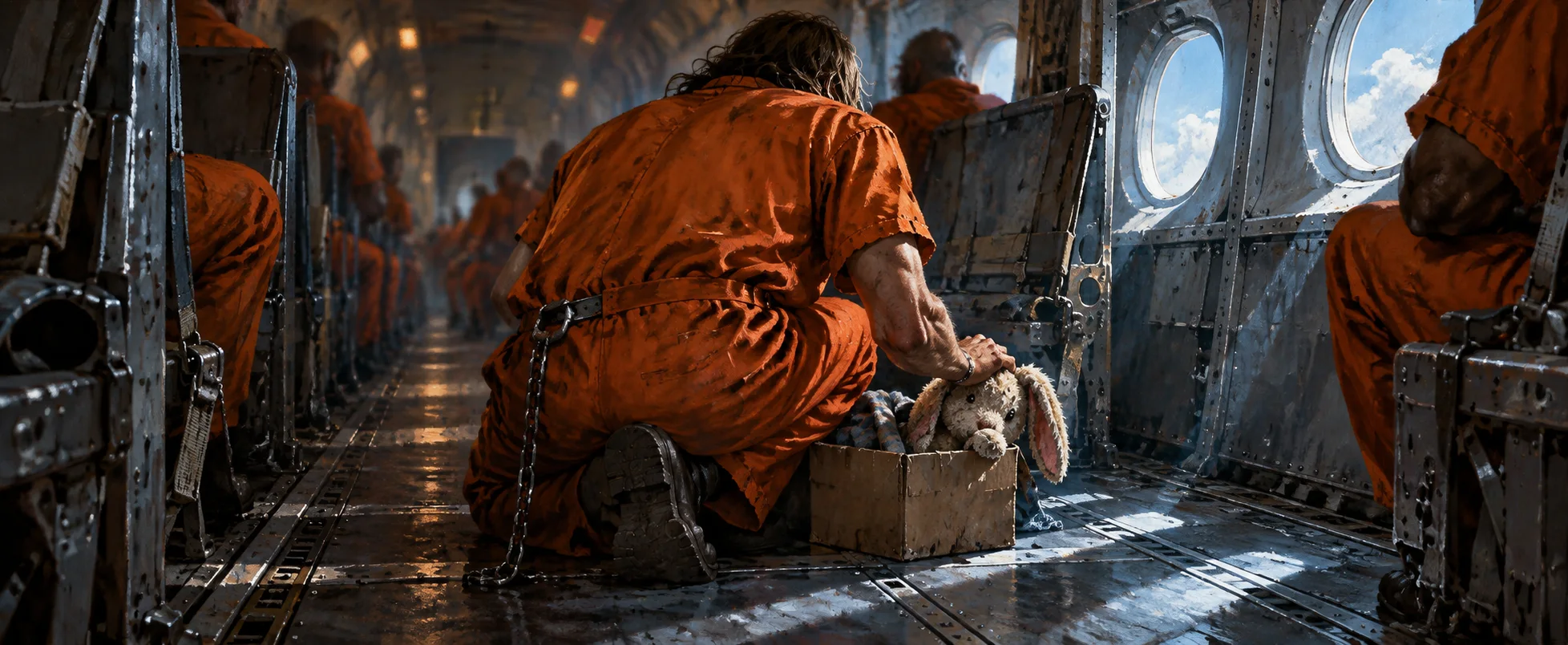 A convict in an orange jumpsuit crouches over a cardboard box with a toy rabbit in the cabin of a prison plane, seen from behind.