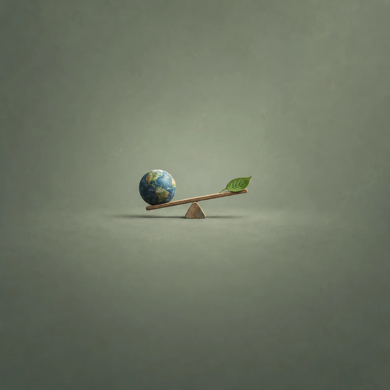 A small globe and a green leaf on opposite ends of a wooden lever balanced on a stone.