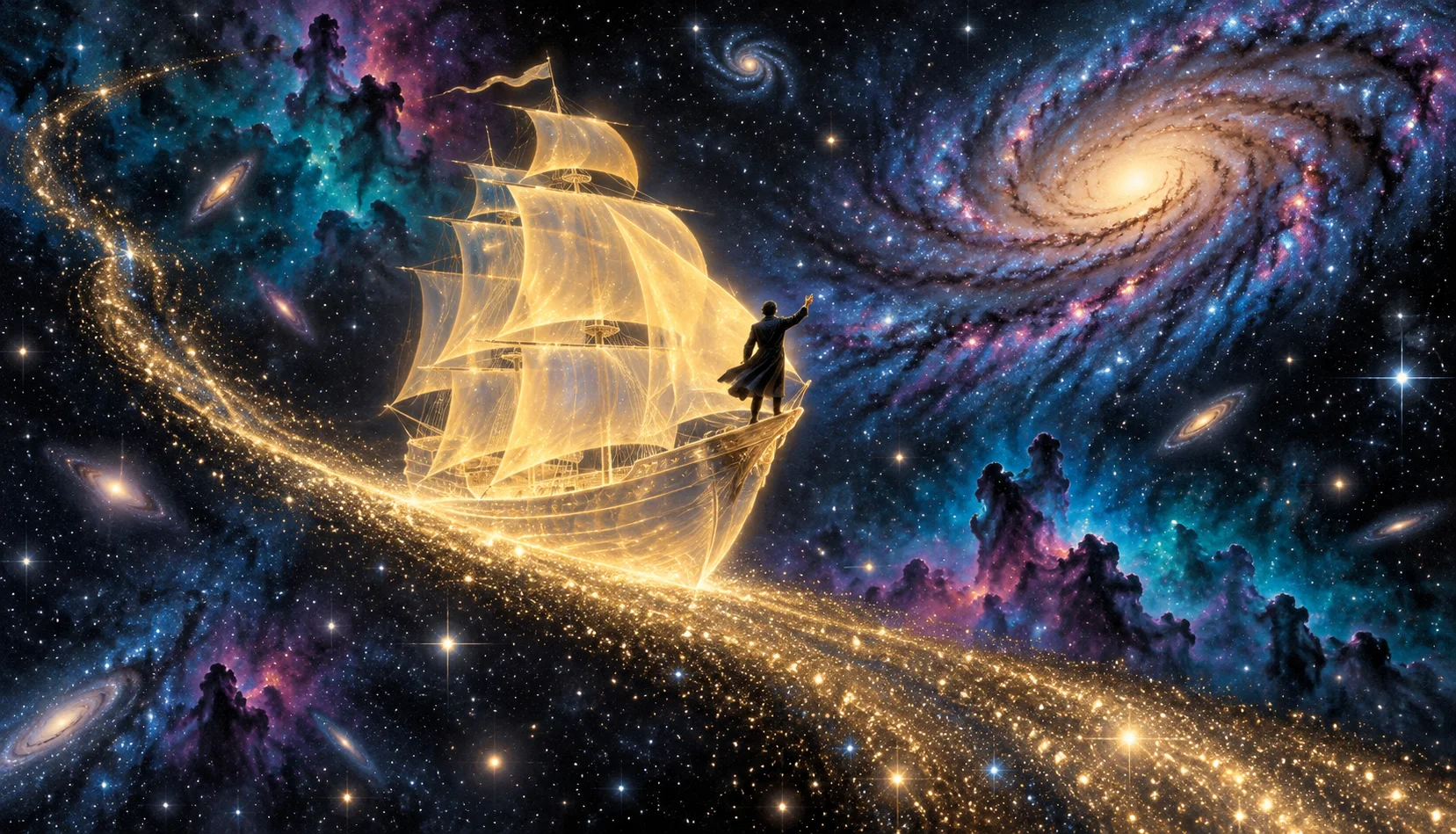 A small figure stands at the prow of a luminous sailing ship drifting through a starfield of galaxies and nebulae.