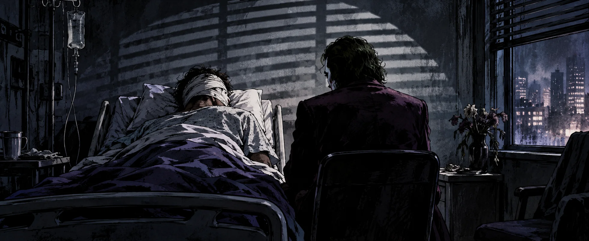 A figure in a purple suit sits with his back to us beside a bandaged man in a hospital bed, city lights through the blinds.