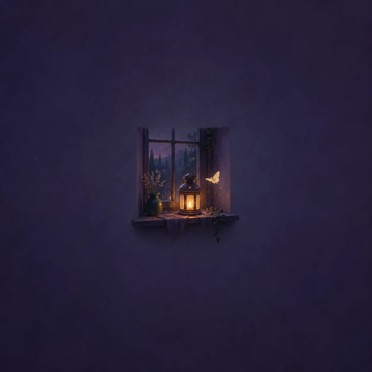 A lantern glowing amber on a violet windowsill beside plants, with a pale moth hovering nearby.