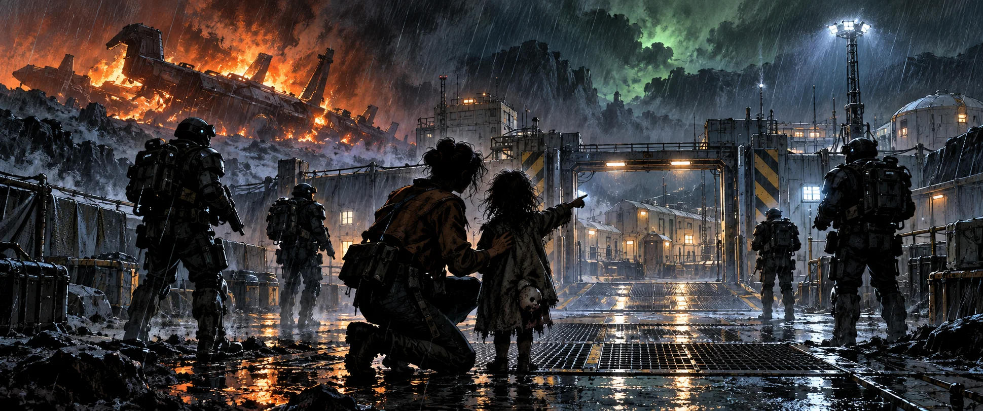 On a rainy night beside a burning wreck, a woman kneels by a small girl clutching a doll's head, armoured marines standing around them.