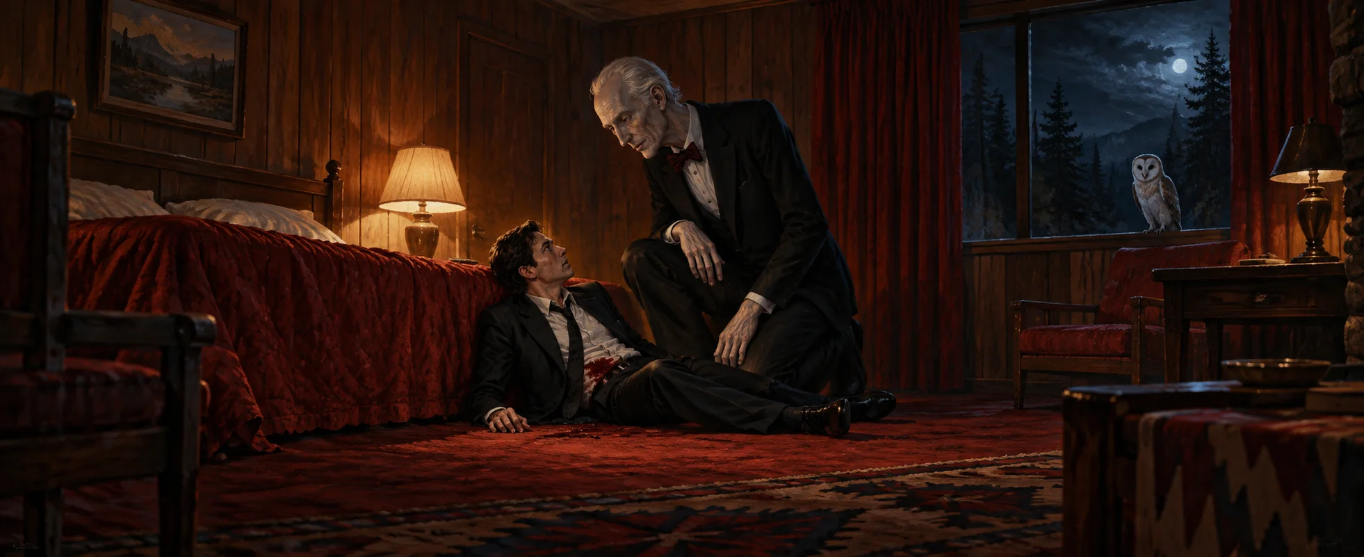 An FBI agent lies wounded on the floor of a wood-panelled hotel room as a tall, pale old man in a suit and bow tie kneels over him, an owl at the window.