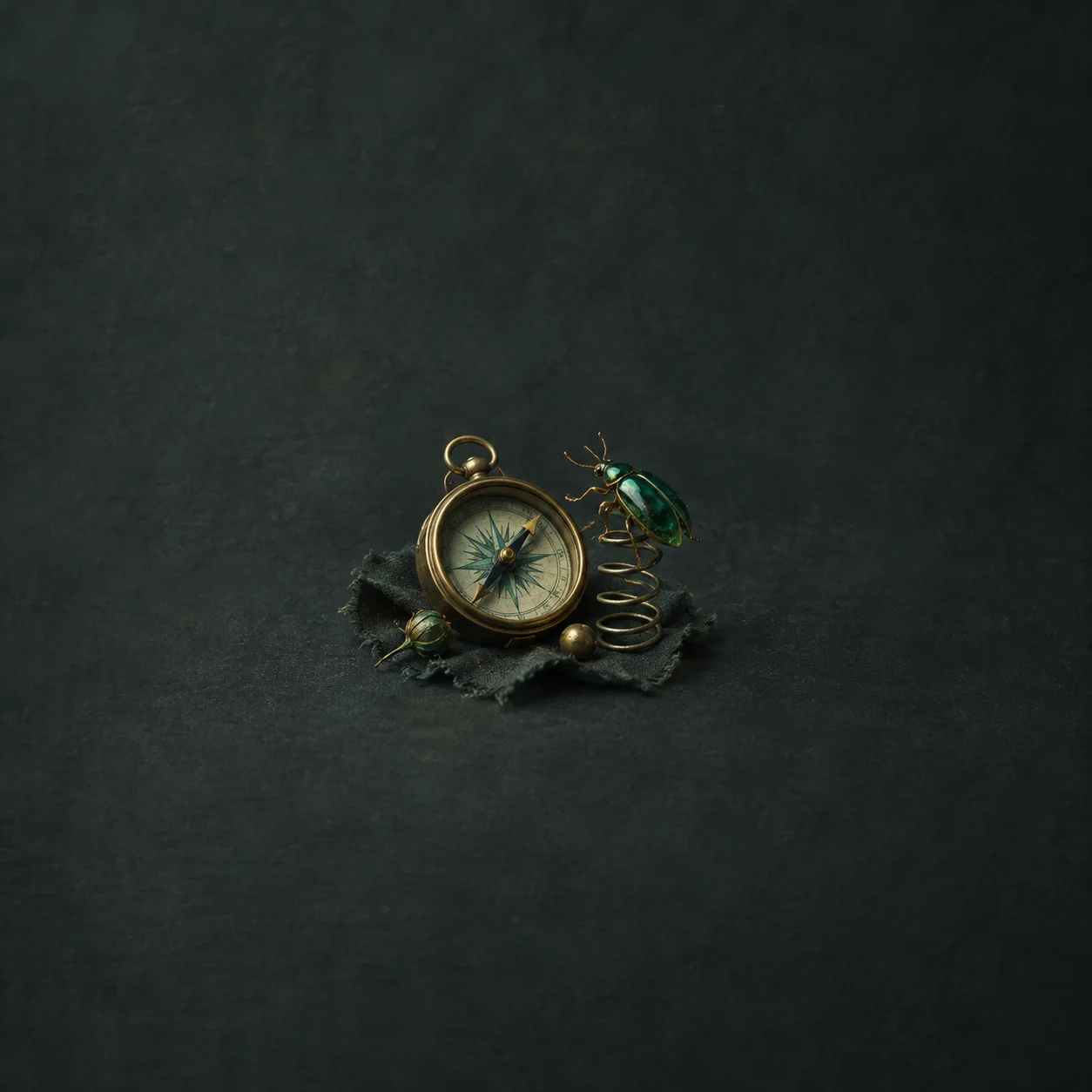 A brass compass stands beside a green beetle ornament on a coiled wire and dark cloth.
