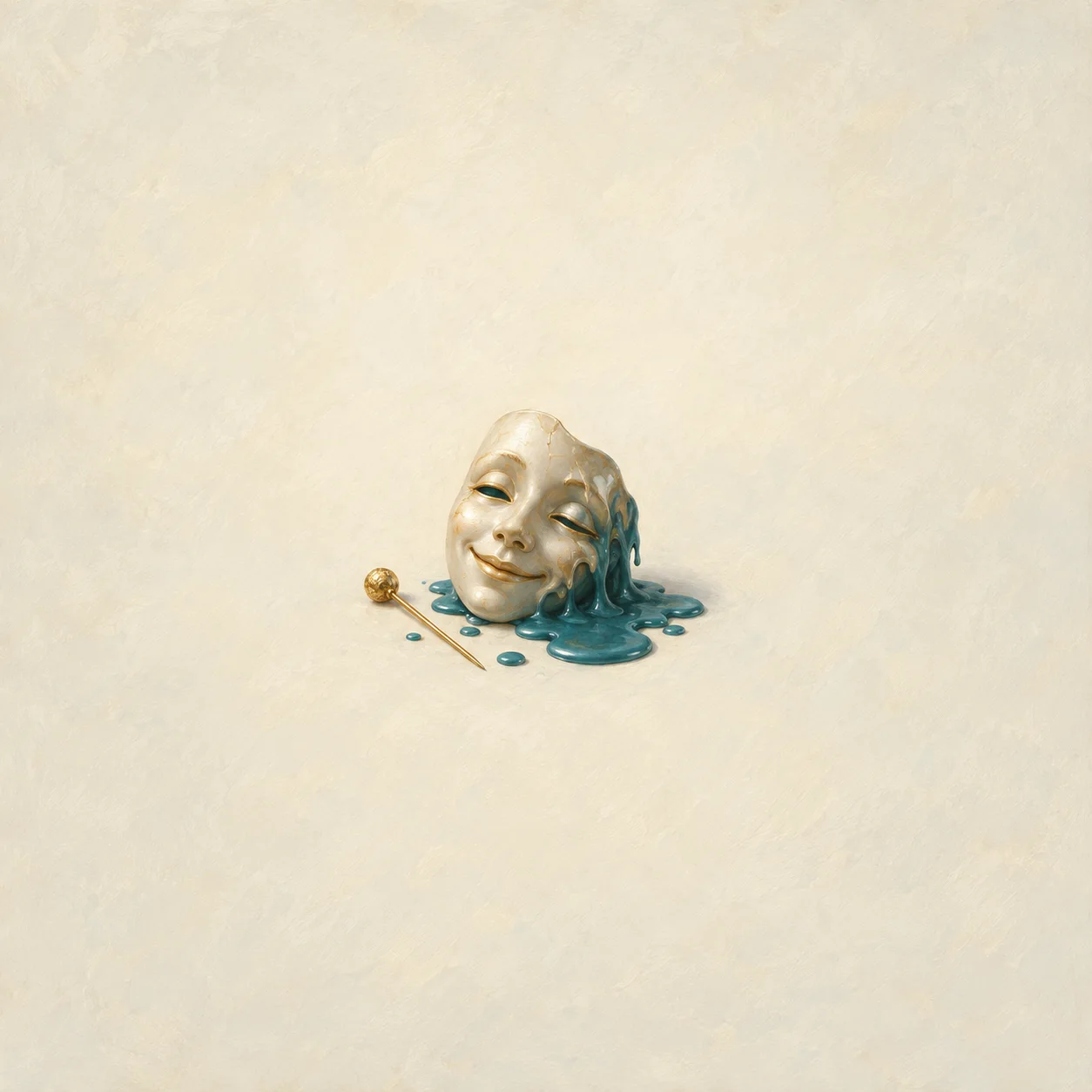 A pale smiling mask appears to melt into teal wax beside a small gold pin on cream ground.