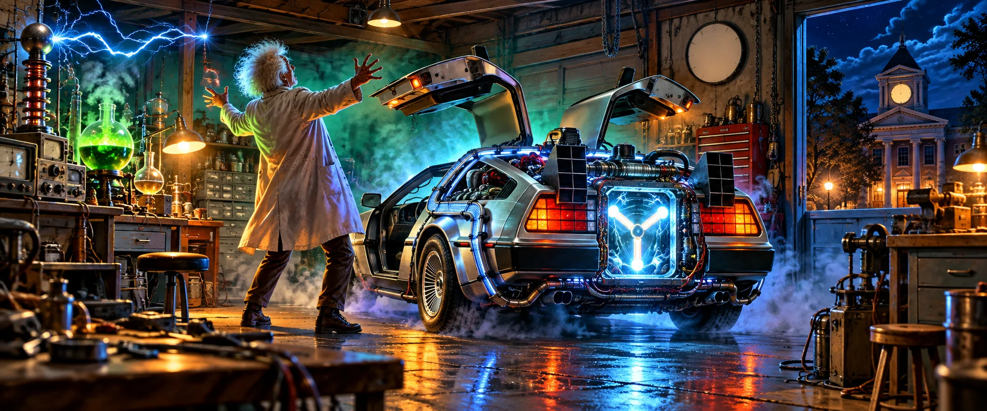 A wild-haired inventor in a white coat throws up his hands beside a glowing gull-winged time-machine car in a crackling garage laboratory.