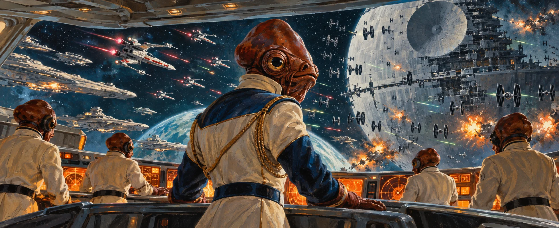 A fish-headed admiral in a white uniform leans over his flagship's console as a space battle rages around a half-built battle station beyond the viewport.