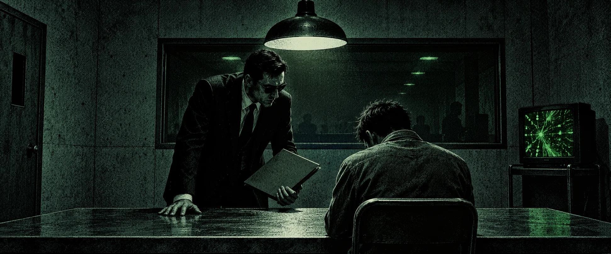 An agent in a dark suit leans over a table toward a seated prisoner in a bare green-lit interrogation room.