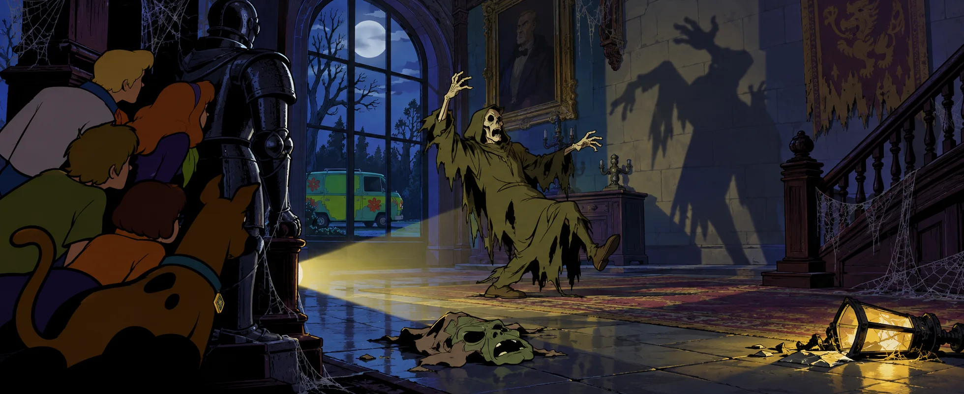 A shaggy cartoon gang and their Great Dane peer round a corner of a moonlit haunted mansion hall as an unmasked ghoul stumbles back, its mask on the floor.