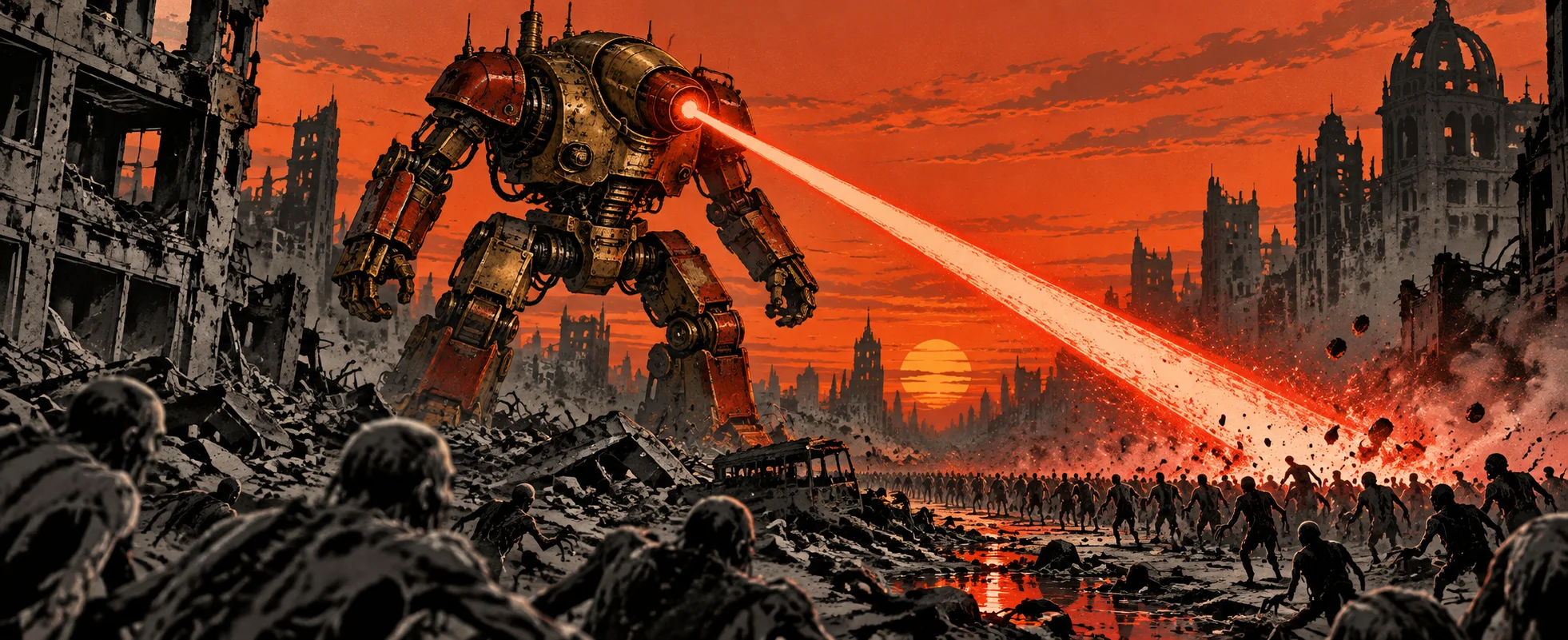 A giant war robot fires a red laser beam across a burning ruined city at sunset.