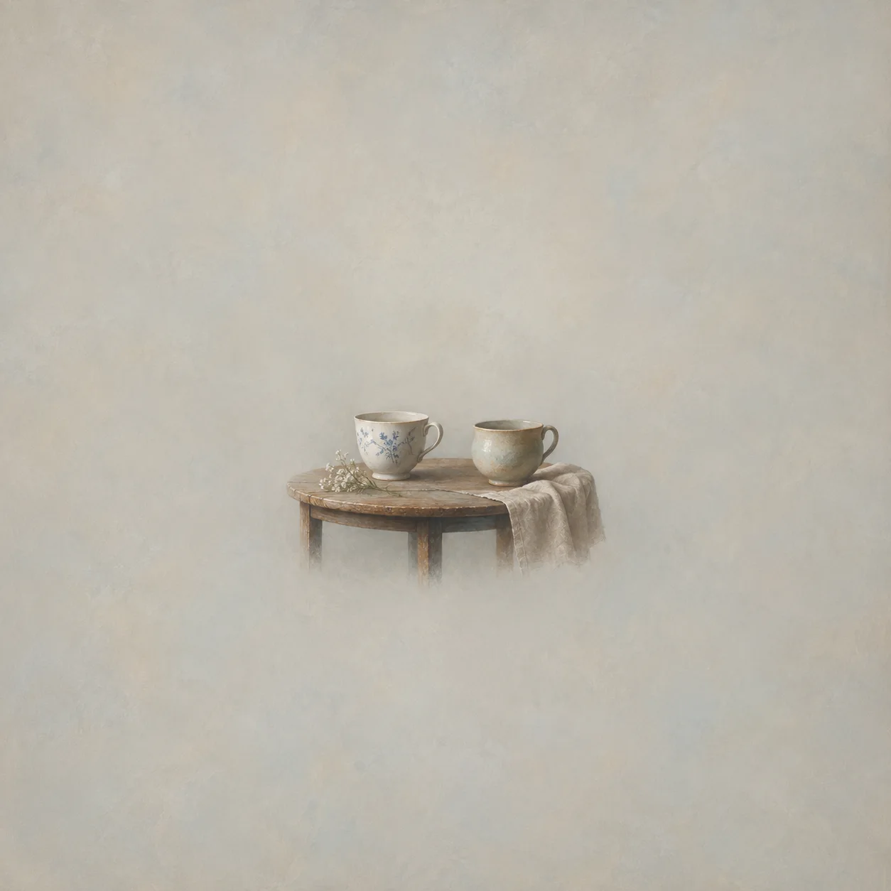 Two porcelain teacups rest on a small round table draped in pale cloth.