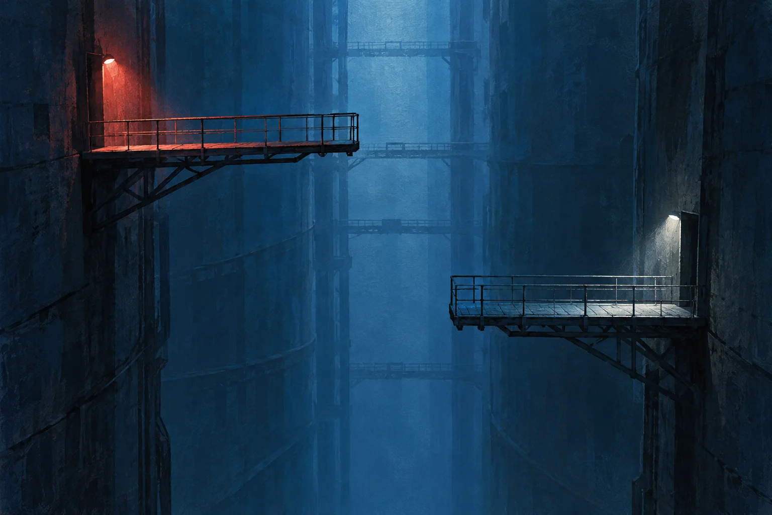 Two empty metal walkways face one another across a deep blue industrial shaft lit by red and pale light.
