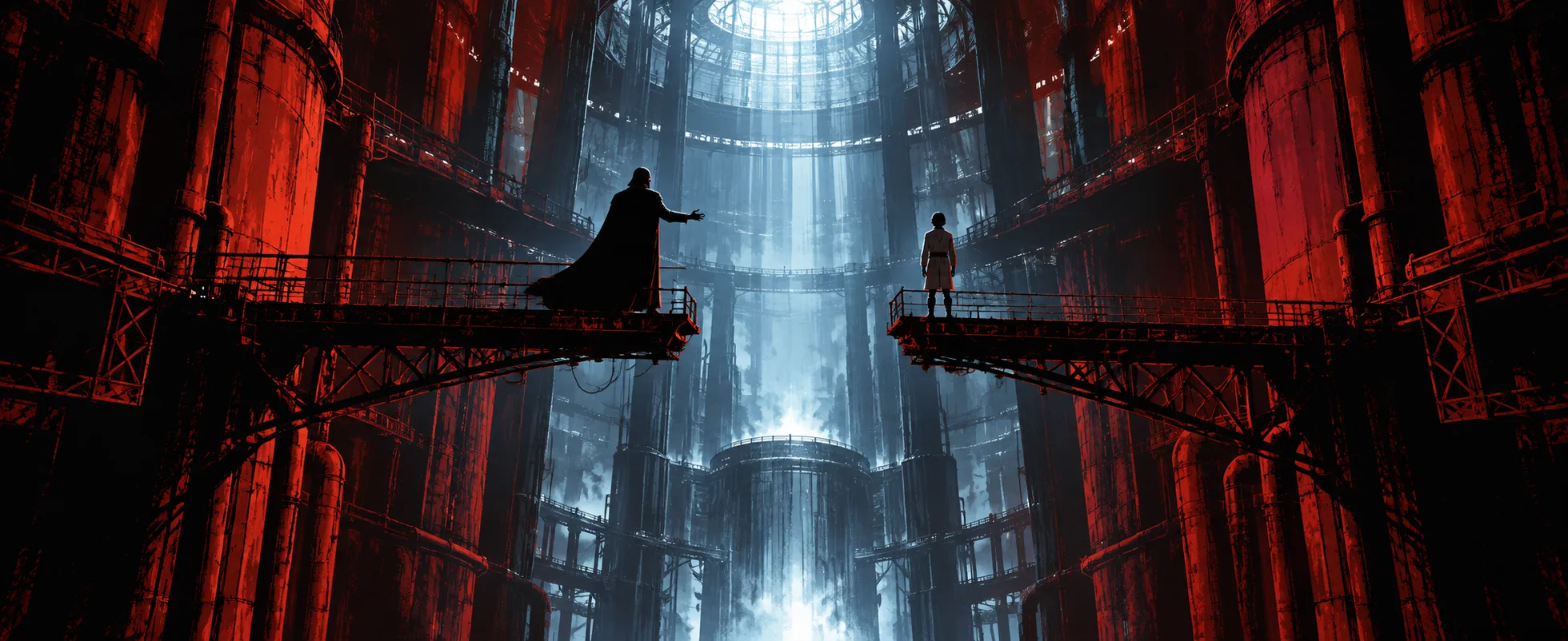 A caped figure in black stands on one catwalk and a young man on another across a deep, glowing reactor shaft.