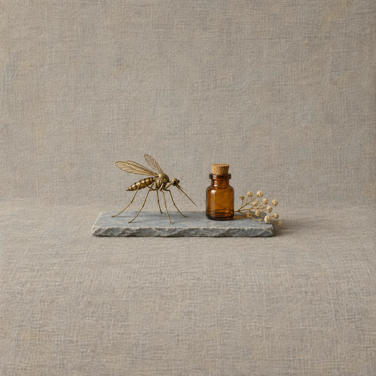 A stylised brass mosquito-like insect stands beside an unlabelled amber bottle on slate with a dried sprig.