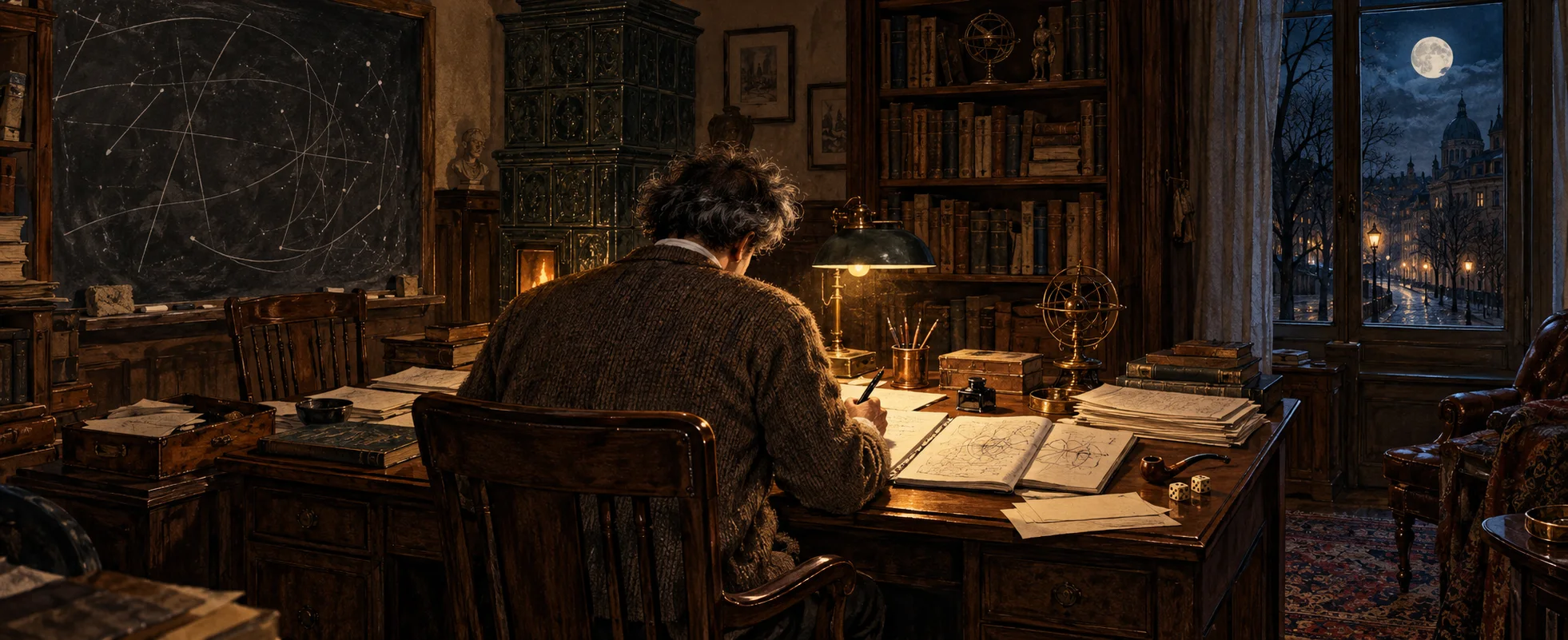 A wild-haired scientist in a cardigan writes a letter at a cluttered 1920s desk, a blackboard of diagrams behind him and a moonlit city through the window.