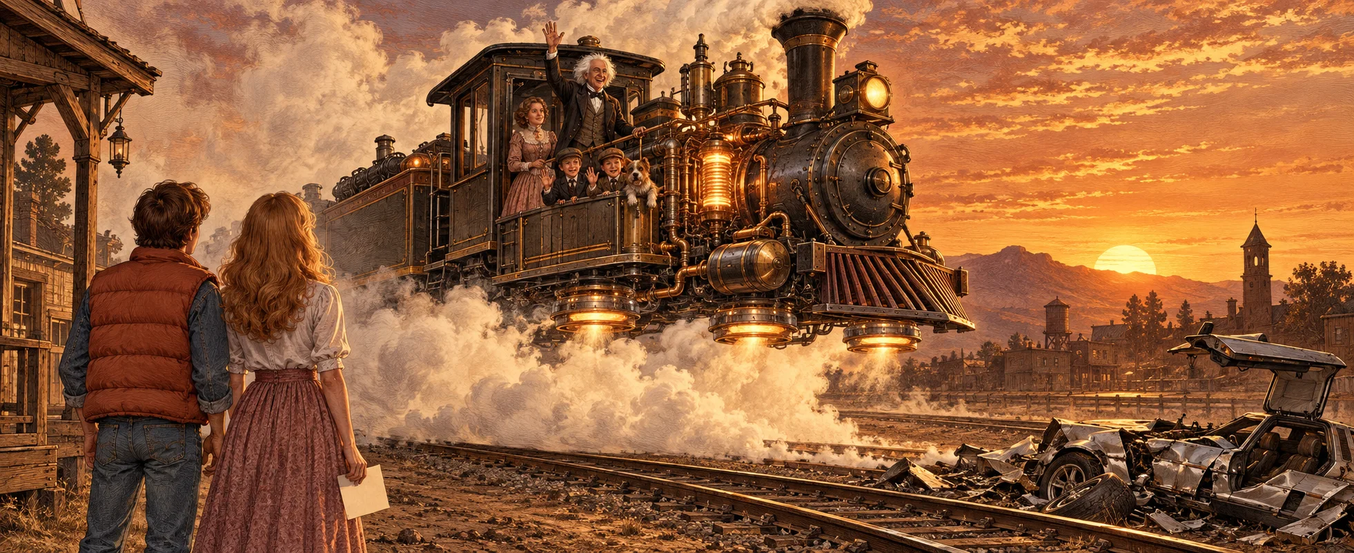 Sunset by a railway line in sepia engraving: a flying steam locomotive fitted with glowing coils and hover-pads rises in white steam, a wild-haired man in a frock coat waving from the cab beside his wife, two boys and a dog, as a teenage couple watch from below, she holding a blank sheet of paper, beside the wreck of a silver gull-wing car.