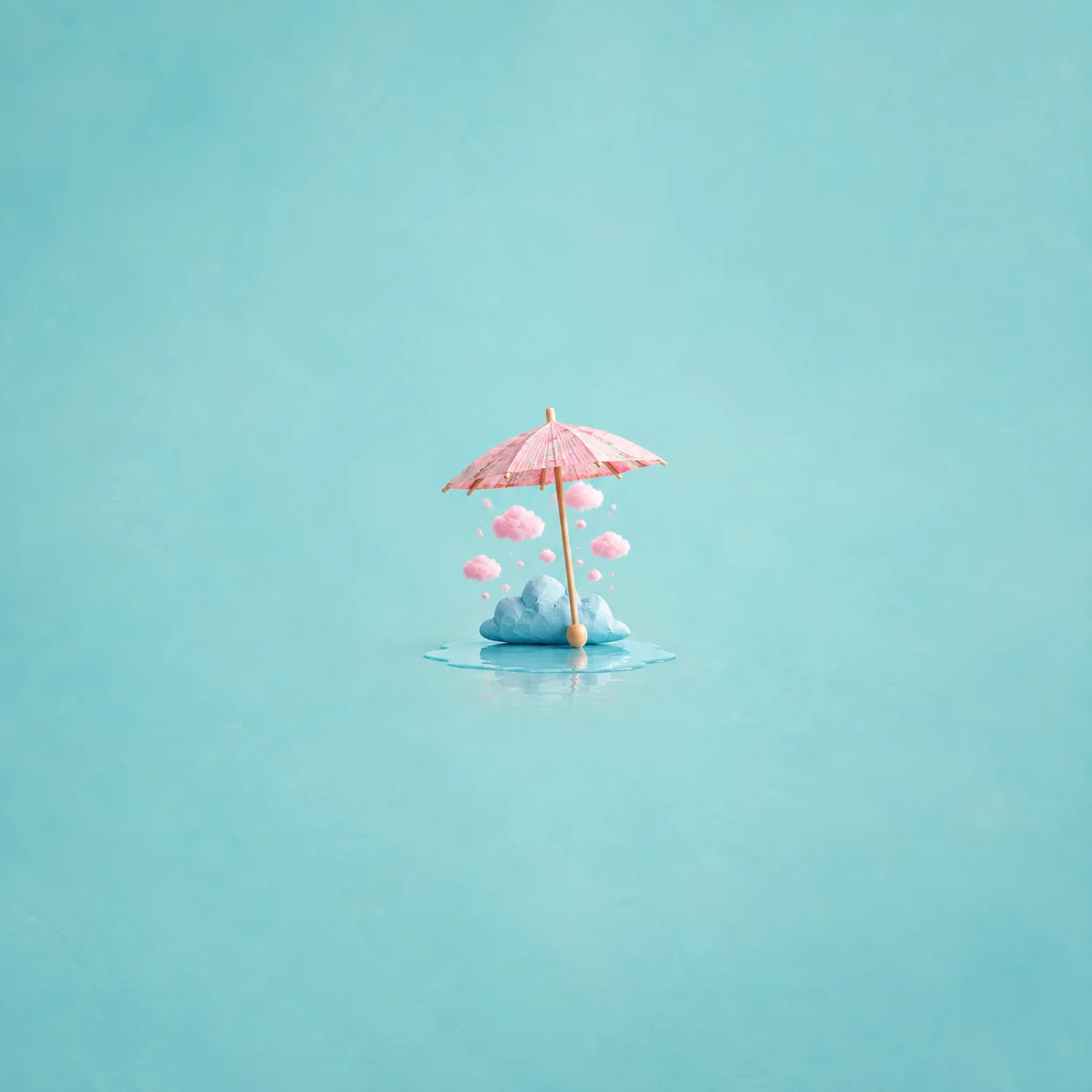 A pink paper umbrella stands above a blue cloud-like shape and scattered pink tufts on a turquoise background.