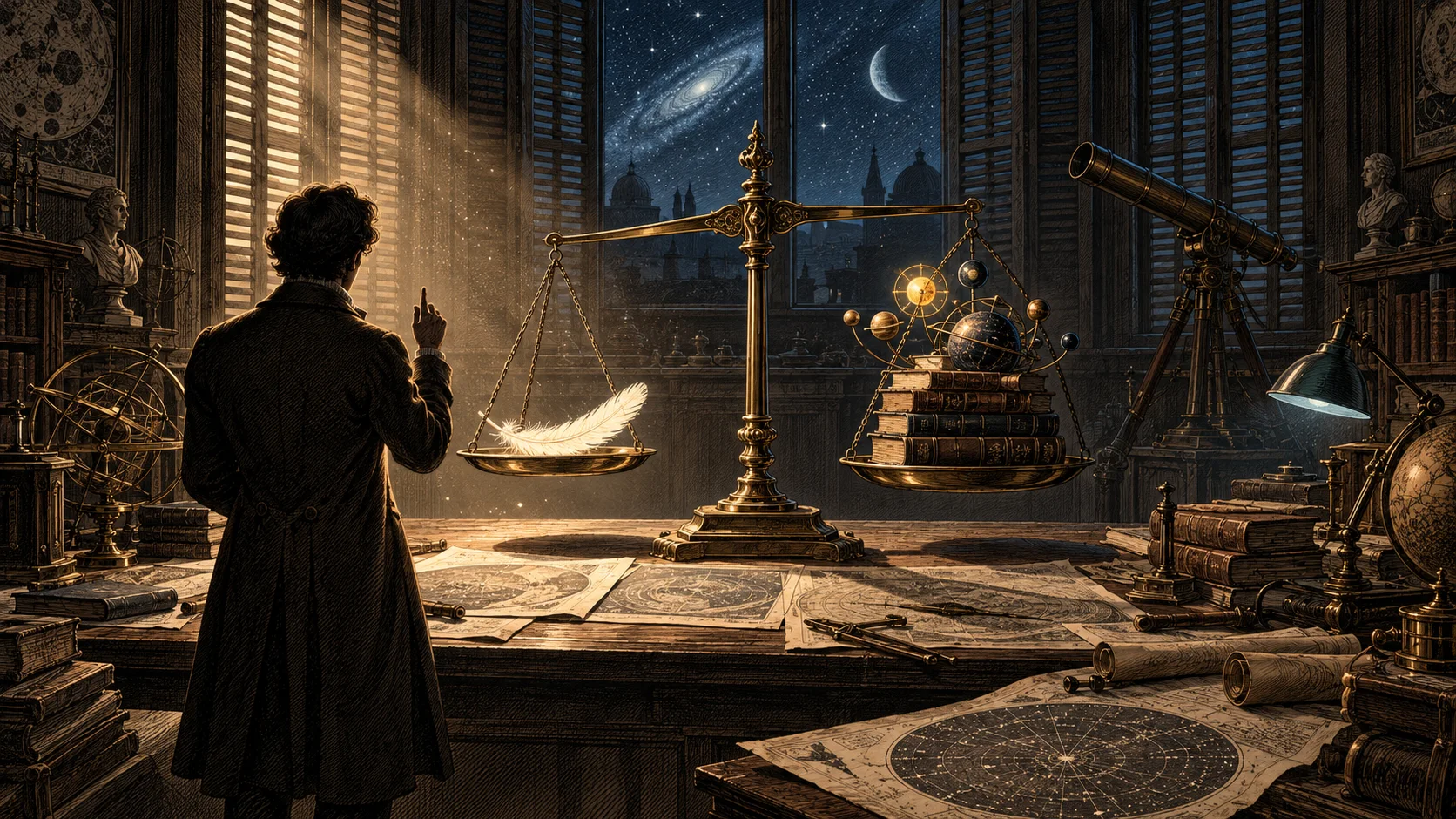A figure in a long coat studies a brass balance weighing a feather against a stack of books in a dim observatory study.