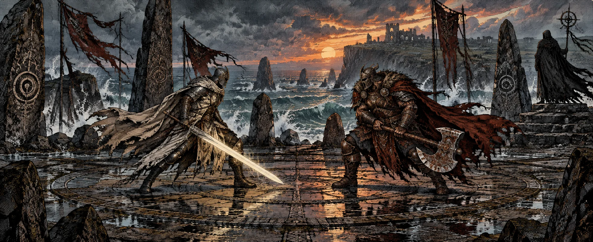 Two warriors clash on an ancient stone stage by the sea, ringed by tattered banners.
