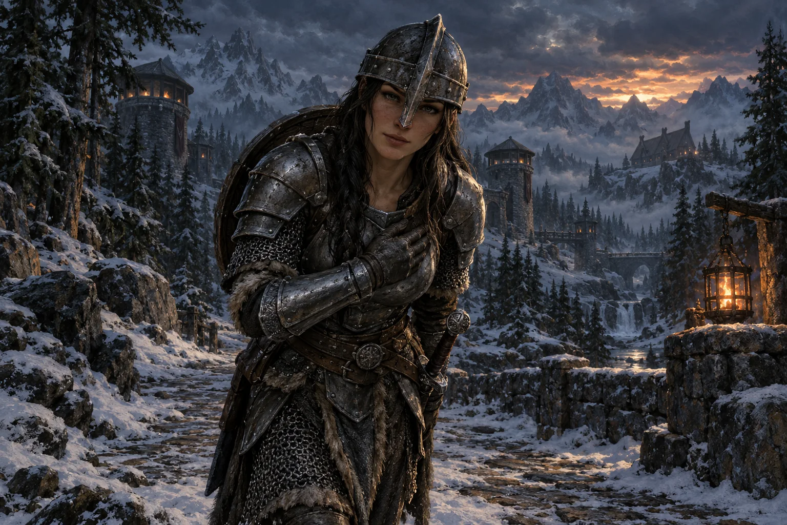 Lydia, a dark-haired Nord housecarl in steel plate, chainmail and fur with a round shield on her back, bows with a hand on her chest on a snowy road between pine forests and stone watchtowers at dusk.