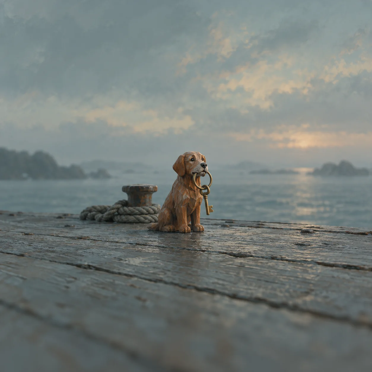 A carved wooden dog holds a brass ring of keys in its mouth on weathered dock planks beside coiled rope and water.