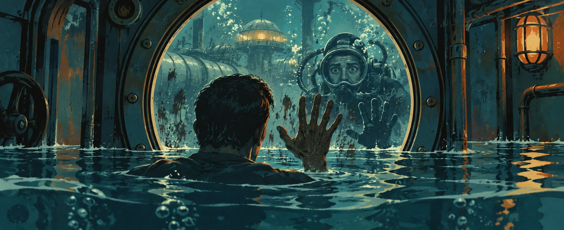 A drowning man in a flooding underwater station presses his marked palm to a round porthole as a diver outside stares in, horrified.