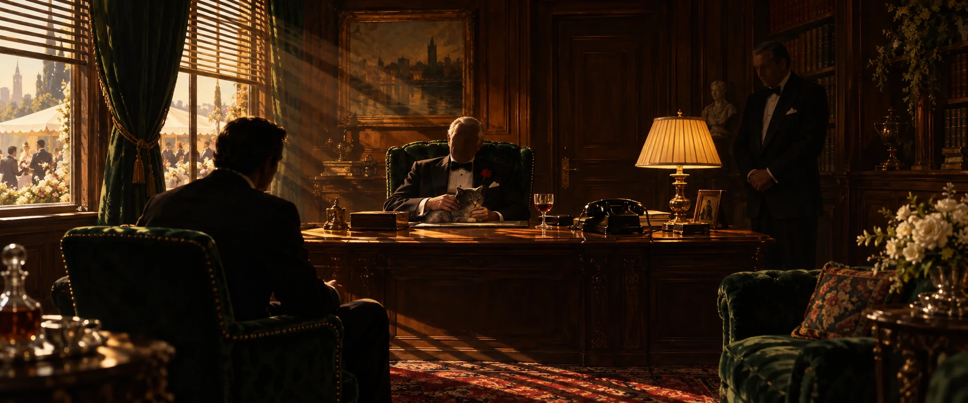 Daylight slants through blinds into a dark study where an old man in a tuxedo sits behind a desk facing a visitor, a counsellor standing by the shelves.