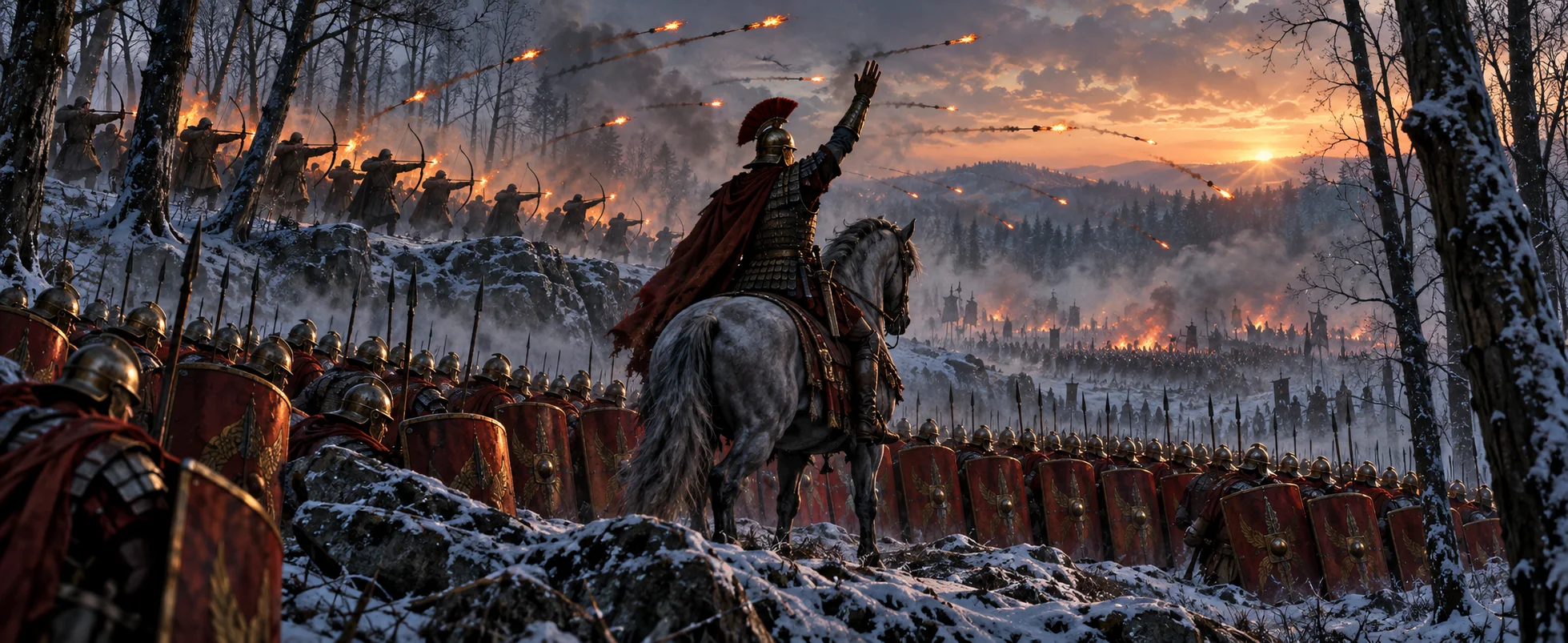 A Roman commander on horseback raises his arm before a line of legionaries as flaming arrows arc over a snowy forest at dawn.