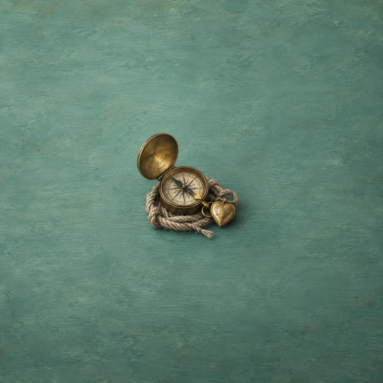 An open brass compass rests on coiled rope beside a heart-shaped locket against sea green.