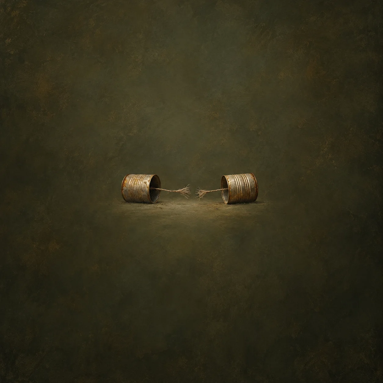 Two tin cans linked by a badly frayed string on a dark olive background.