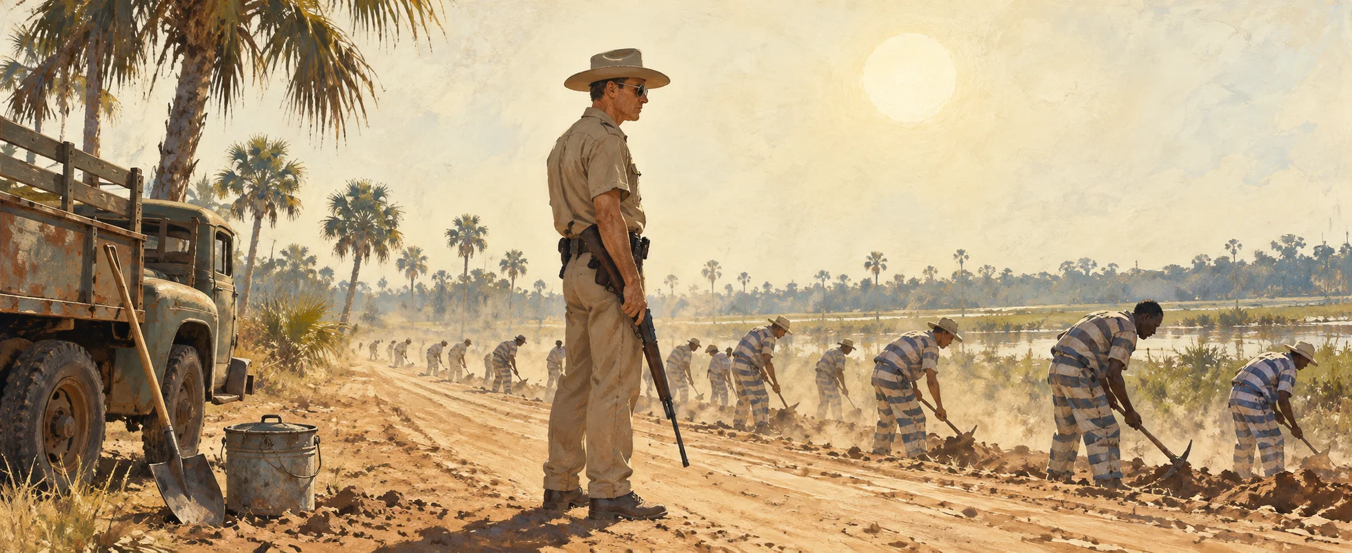 A captain in a cowboy hat and sunglasses stands on a dirt road with a rifle as a chain gang in striped uniforms works under the hot sun.