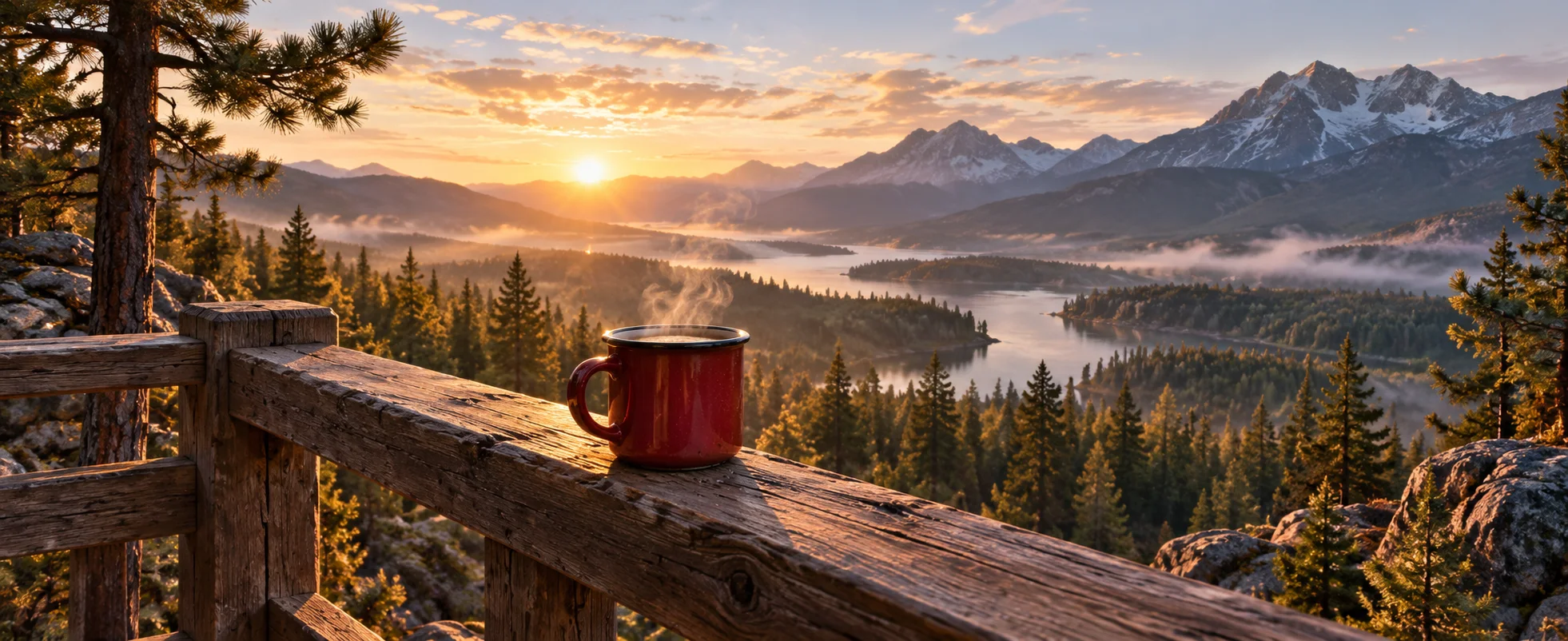 A red enamel mug rests on a wooden lookout railing above a wide sunlit pine forest.