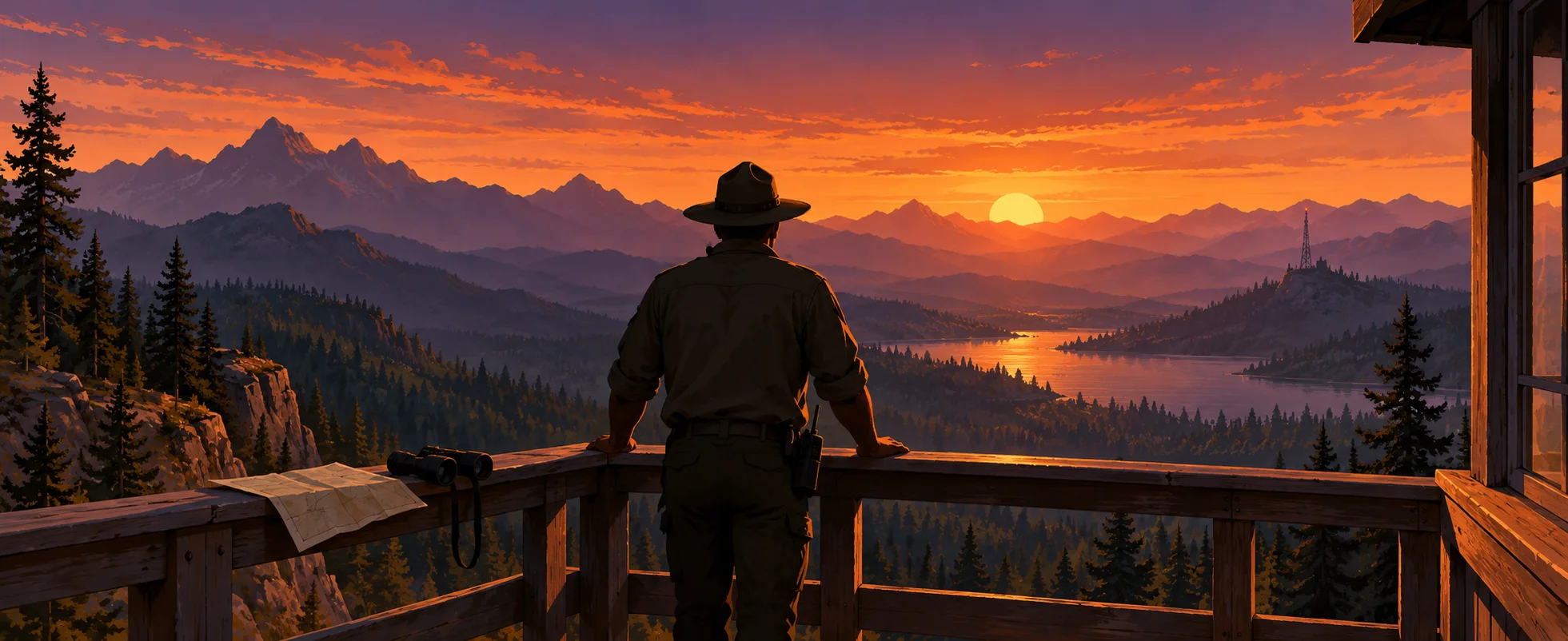 A lone man in a ranger's hat, seen from behind, leans on the rail of a fire lookout tower at sunset, the forested Wyoming mountains, a lake and a distant tower glowing orange before him.