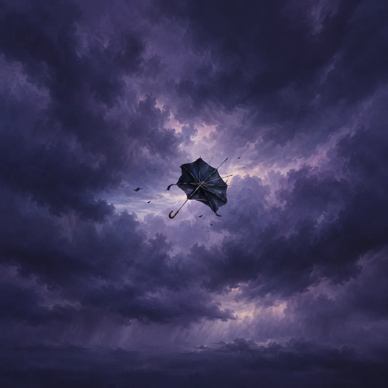 A dark partly inverted umbrella hangs against swirling violet storm clouds.