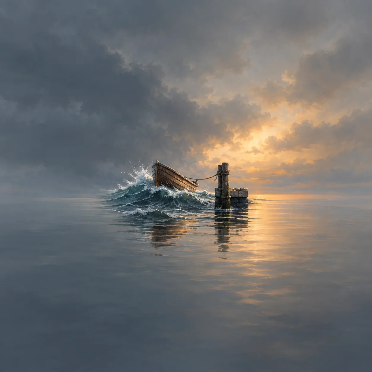 A small wooden boat pitches on a breaking wave beside a plain dock post beneath a glowing cloudy sky.