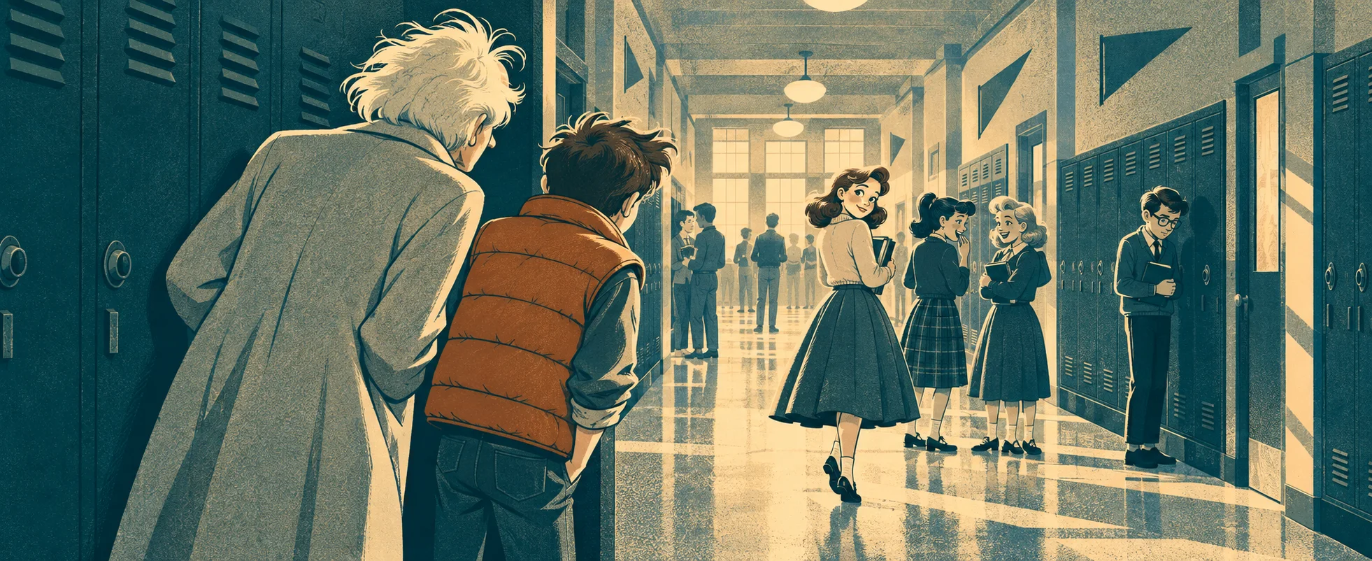 A 1950s high-school corridor in teal and cream: a wild-haired man in a long coat and a teenager in an orange body-warmer peer round the lockers as a schoolgirl with her books looks dreamily back at the teenager, and a shy bespectacled boy stands forgotten by the lockers.